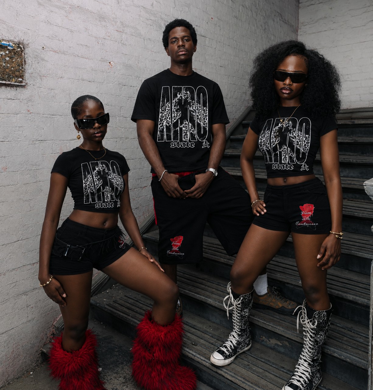 Three models on a stairwell in matching black AFROSTATE AFRO graphic tees